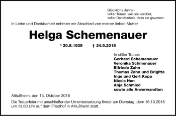 Traueranzeige von Helga Schemenauer von Schwetzinger Zeitung