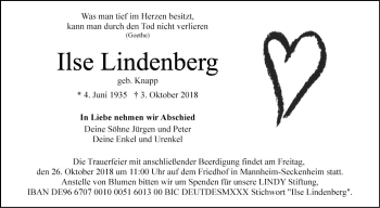 Traueranzeige von Ilse Lindenberg von Mannheimer Morgen