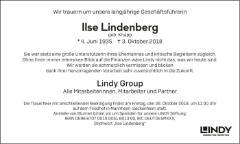 Traueranzeige von Ilse Lindenberg von Mannheimer Morgen