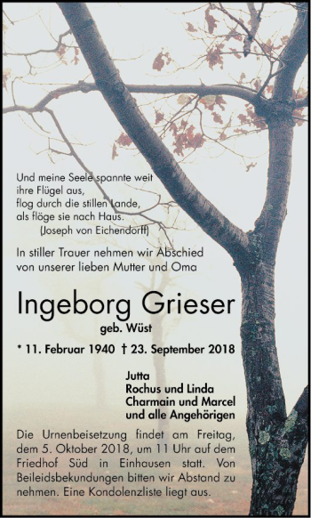 Traueranzeige von Ingeborg Grieser von Bergsträßer Anzeiger