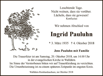 Traueranzeige von Ingrid Pauluhn von Fränkische Nachrichten