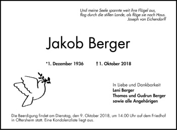 Traueranzeige von Jakob Berger von Schwetzinger Zeitung