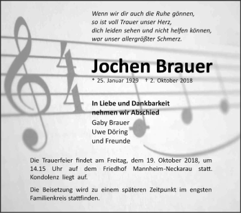 Traueranzeige von Jochen Brauer von Mannheimer Morgen