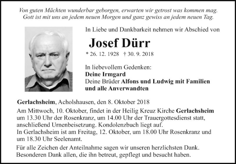  Traueranzeige für Josef Dürr vom 08.10.2018 aus Fränkische Nachrichten