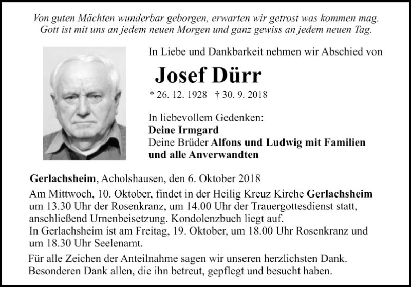  Traueranzeige für Josef Dürr vom 06.10.2018 aus Fränkische Nachrichten