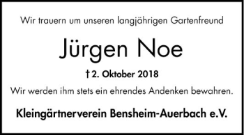 Traueranzeige von Jürgen Noe von Bergsträßer Anzeiger