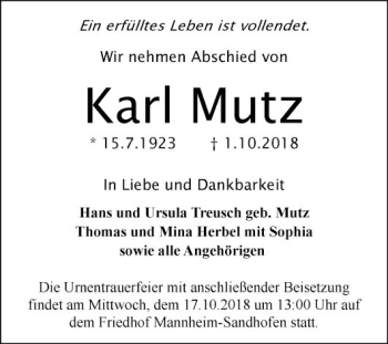 Traueranzeige von Karl Mutz von Mannheimer Morgen