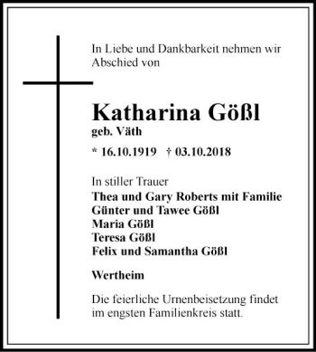 Traueranzeige von Katharina Gößl von Fränkische Nachrichten