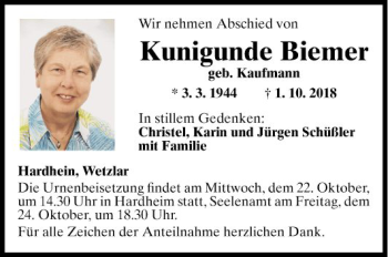 Traueranzeige von Kunigunde Biemer von Fränkische Nachrichten