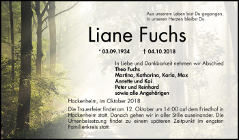 Traueranzeige von Liane Fuchs von Schwetzinger Zeitung