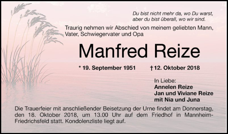  Traueranzeige für Manfred Reize vom 16.10.2018 aus Mannheimer Morgen