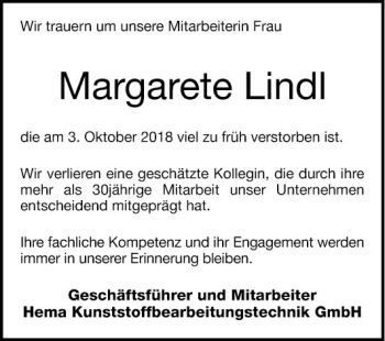 Traueranzeige von Margarete Lindl von Mannheimer Morgen