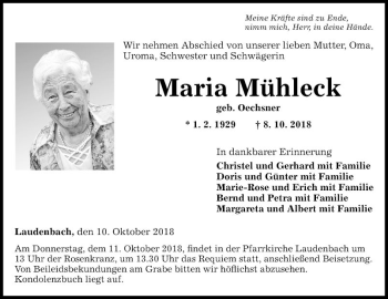 Traueranzeige von Maria Mühleck von Fränkische Nachrichten