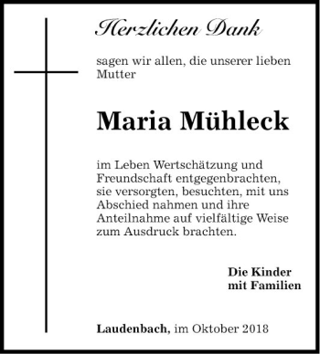 Traueranzeige von Maria Mühleck von Fränkische Nachrichten