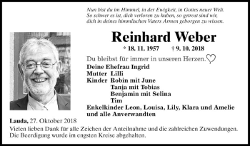 Traueranzeige von Reinhard Weber von Fränkische Nachrichten