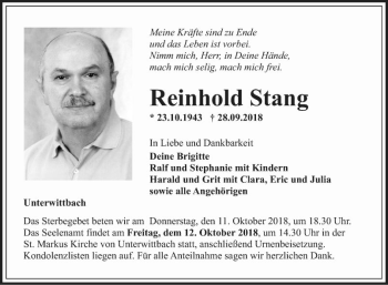 Traueranzeige von Reinhold Stang von Fränkische Nachrichten