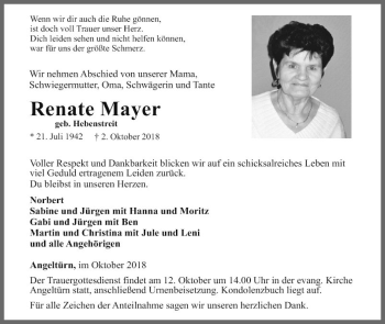 Traueranzeige von Renate Mayer von Fränkische Nachrichten