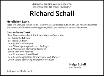 Traueranzeige von Richard Schall von Schwetzinger Zeitung