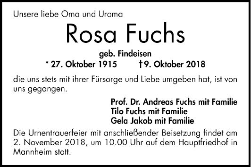  Traueranzeige für Rosa Fuchs vom 27.10.2018 aus Mannheimer Morgen