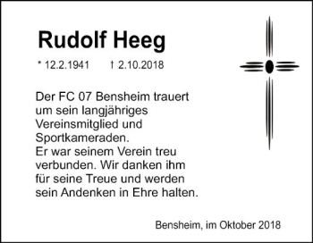 Traueranzeige von Rudolf Heeg 