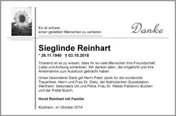 Traueranzeige von Sieglinde Reinhart von Fränkische Nachrichten