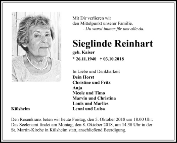 Traueranzeige von Sieglinde Reinhart von Fränkische Nachrichten