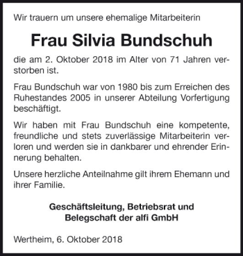 Traueranzeige von Silvia Bundschuh von Fränkische Nachrichten