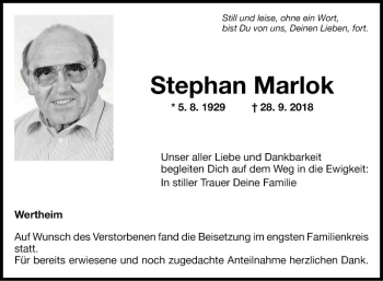 Traueranzeige von Stephan Marlok von Fränkische Nachrichten