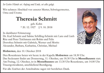Traueranzeige von Theresia Schmitt von Fränkische Nachrichten