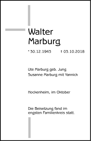 Traueranzeige von Walter Marburg von Schwetzinger Zeitung