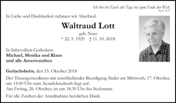 Traueranzeige von Waltraud Lott von Fränkische Nachrichten