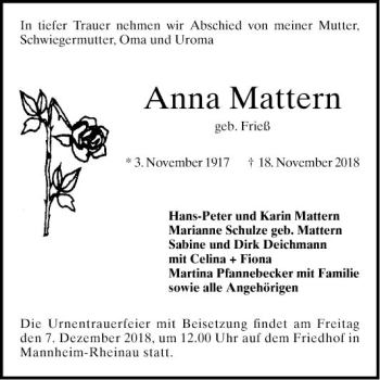 Traueranzeige von Anna Mattern von Mannheimer Morgen