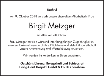 Traueranzeige von Birgit Metzger von Bergsträßer Anzeiger