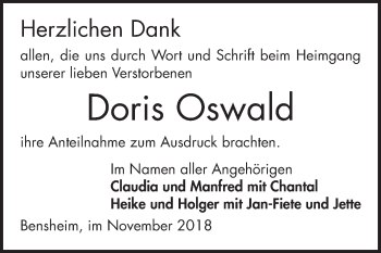 Traueranzeige von Doris Oswald von Bergsträßer Anzeiger