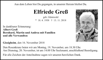 Traueranzeige von Elfriede Greß von Fränkische Nachrichten