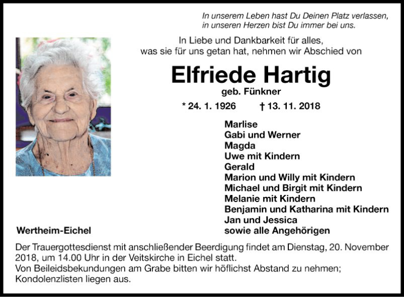  Traueranzeige für Elfriede Hartig vom 17.11.2018 aus Fränkische Nachrichten