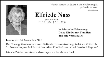 Traueranzeige von Elfriede Nuss von Fränkische Nachrichten