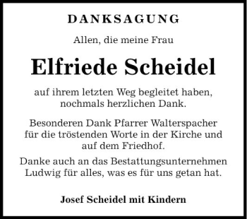 Traueranzeige von Elfriede Scheidel von Fränkische Nachrichten