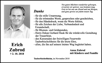 Traueranzeige von Erich Zubrod von Fränkische Nachrichten