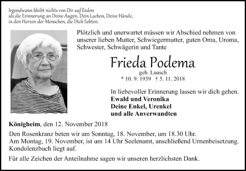  Traueranzeige für Frieda Podema vom 12.11.2018 aus Fränkische Nachrichten