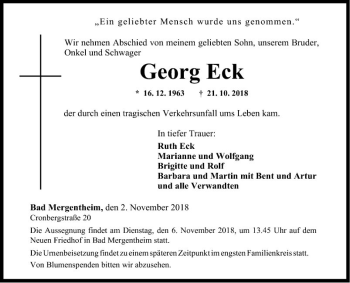 Traueranzeige von Georg Eck von Fränkische Nachrichten