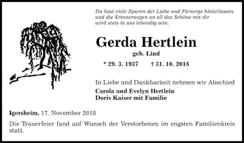 Traueranzeige von Gerda Hertlein von Fränkische Nachrichten