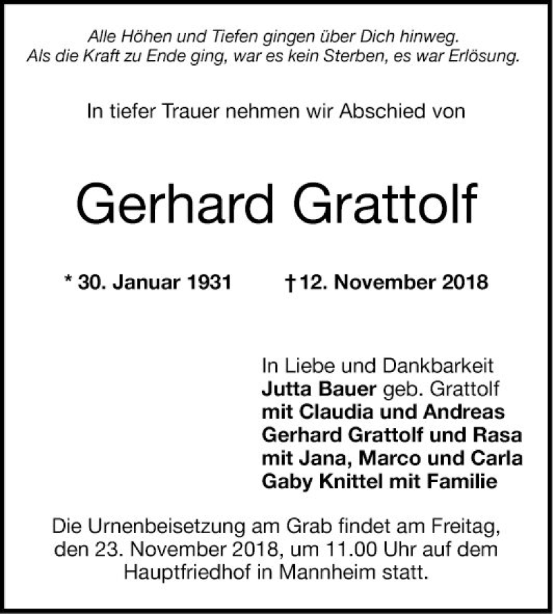  Traueranzeige für Gerhard Grattolf vom 17.11.2018 aus Mannheimer Morgen