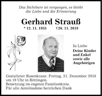 Traueranzeige von Gerhard Strauß von Fränkische Nachrichten