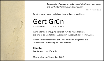 Traueranzeige von Gert Grün von Mannheimer Morgen