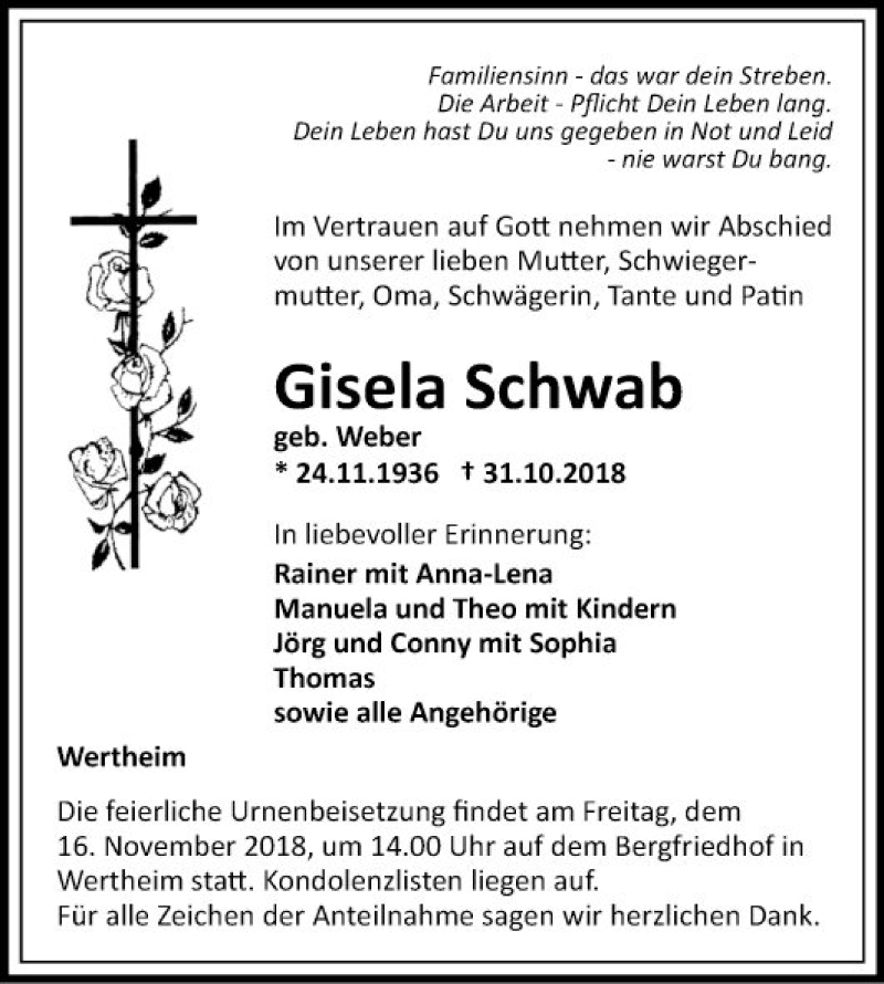  Traueranzeige für Gisela Schwab vom 10.11.2018 aus Fränkische Nachrichten