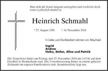 Traueranzeige von Heinrich Schmahl von Mannheimer Morgen