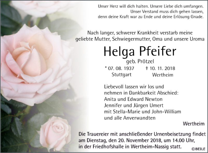  Traueranzeige für Helga Pfeifer vom 14.11.2018 aus Fränkische Nachrichten