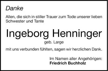 Traueranzeige von Ingeborg Henninger von Mannheimer Morgen