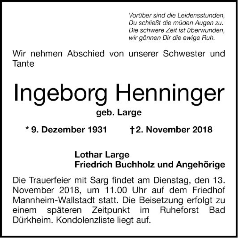  Traueranzeige für Ingeborg Henninger vom 10.11.2018 aus Mannheimer Morgen